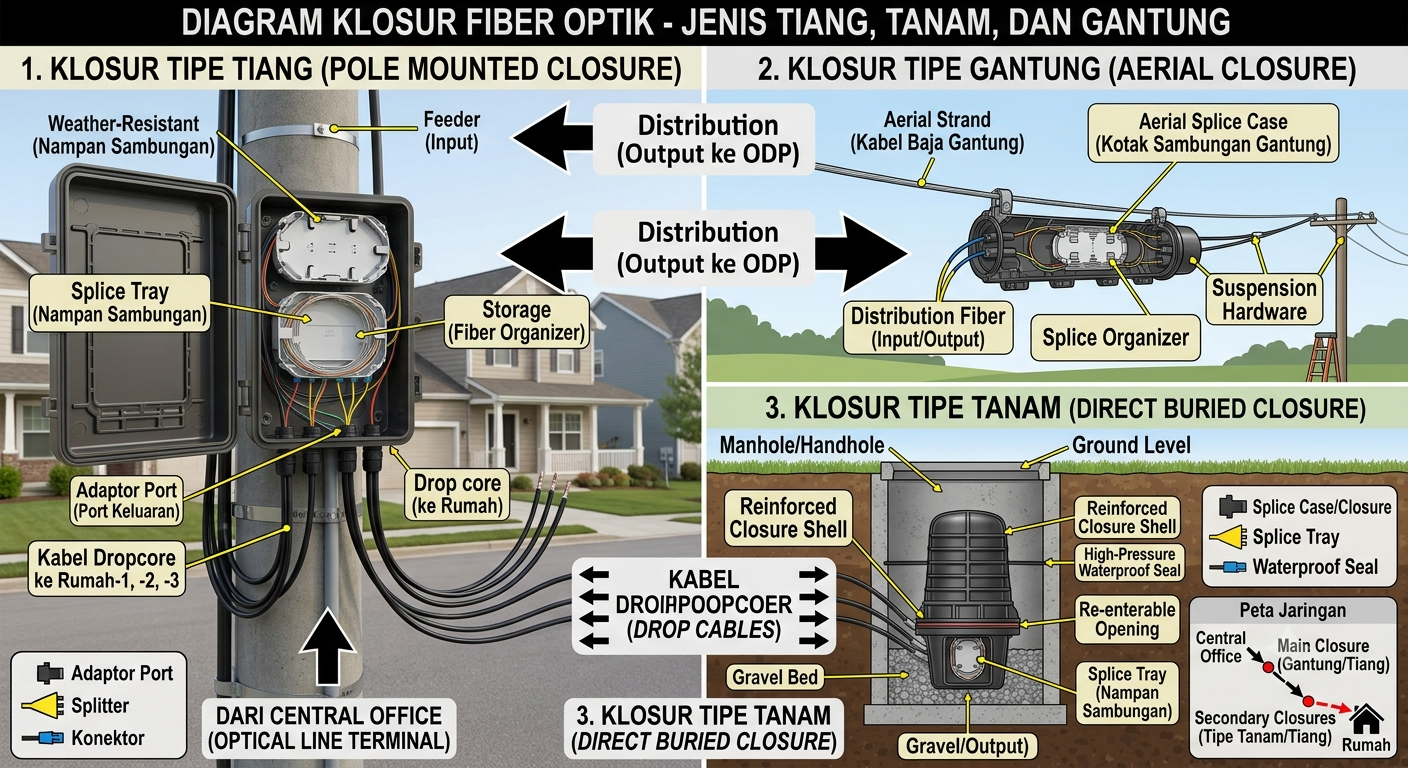 Perangkat Closure untuk melindungi sambungan serat optik
