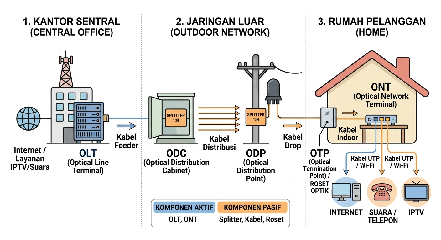 Arsitektur Jaringan FTTH dari OLT ke ONT