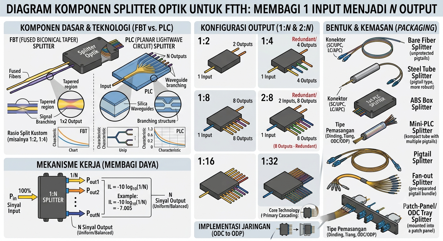 Komponen splitter optik untuk jaringan FTTH